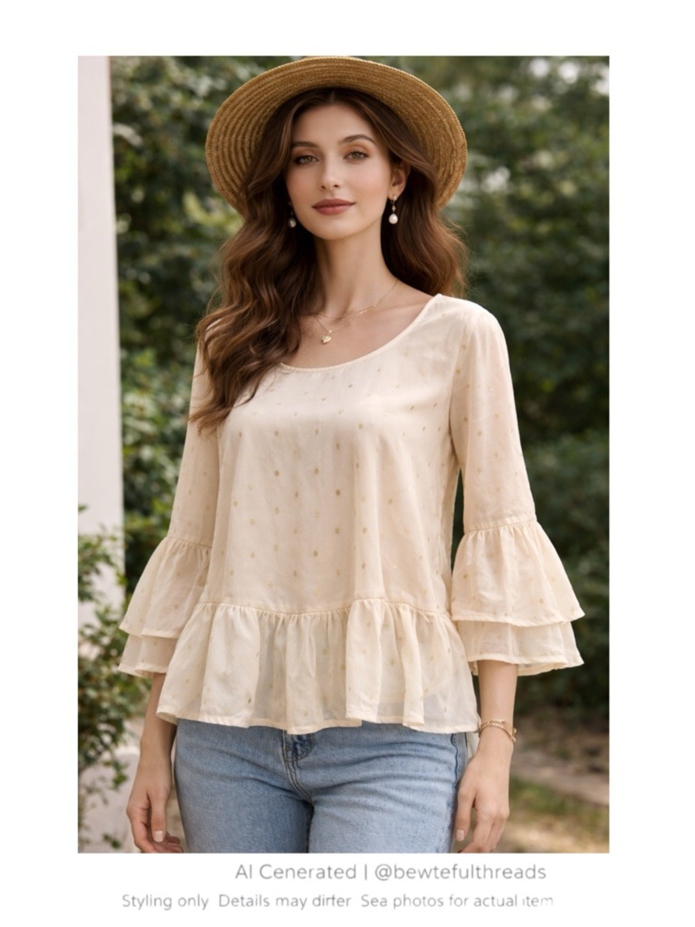 Cottagecore Cream Peplum Blouse Gold Dot Ruffle Bell Sleeve M